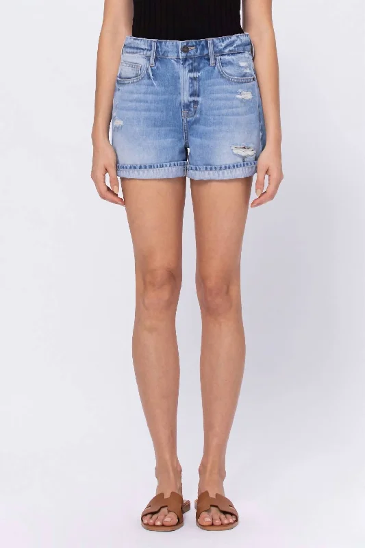 Riley High Waist Rolled Cuff Boyfriend Shorts In Light Wash