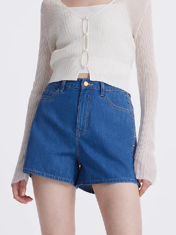 Rhinestone Denim A-Line Women Shorts