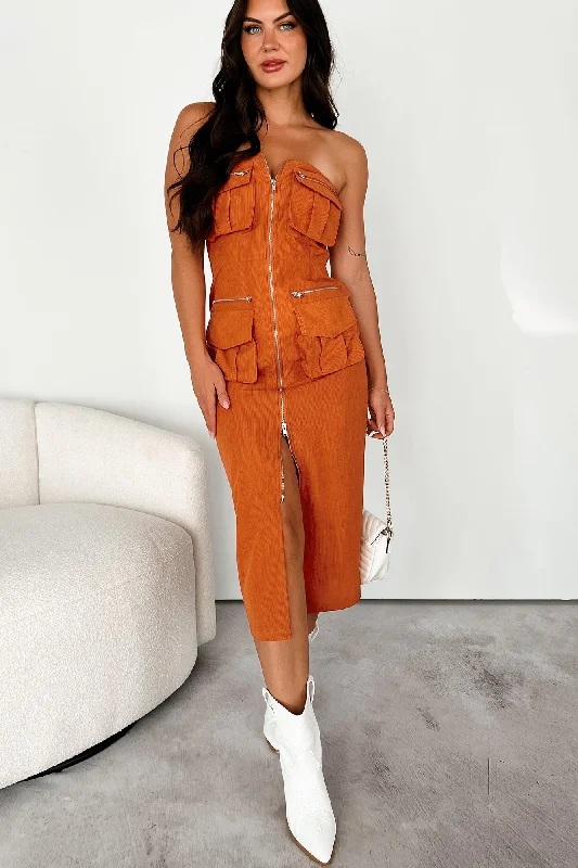 Quincy Zip-Front Strapless Cargo Dress (Burnt Orange)