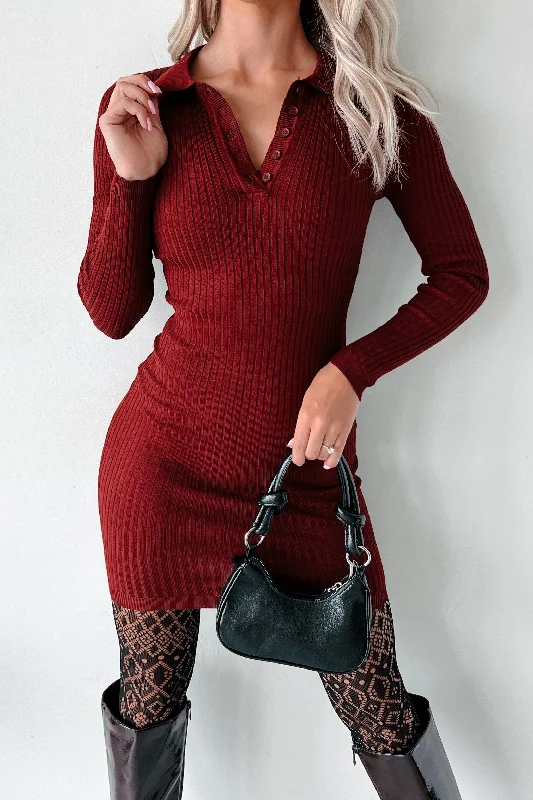 That's Fine By Me Long Sleeve Polo Sweater Dress (Wine)