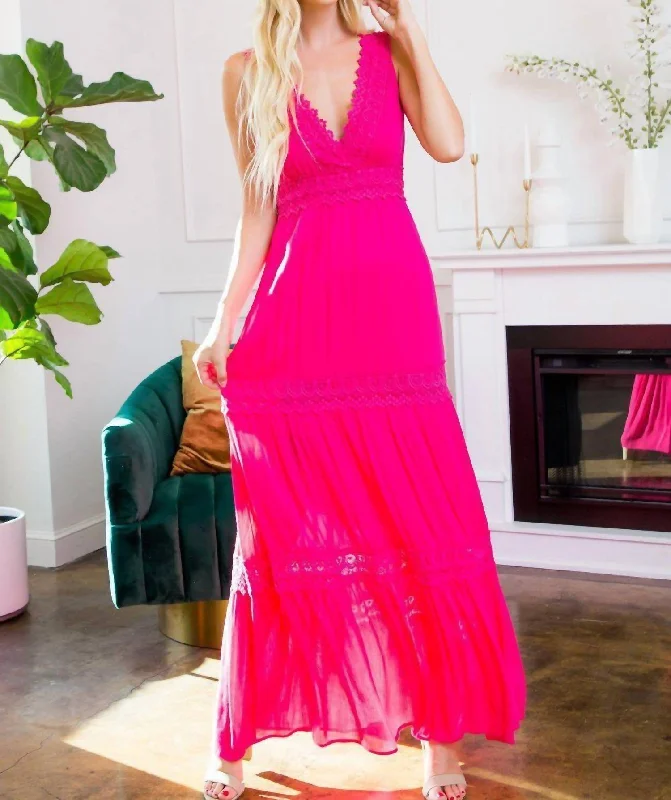 Crochet Lace Woven Maxi Dress In Fuschia