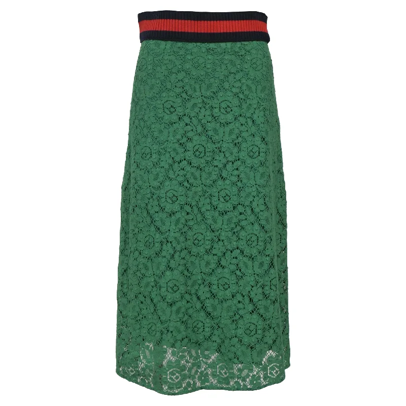 Gucci Lace Ribbed Web Stripe Lace in Green Cotton