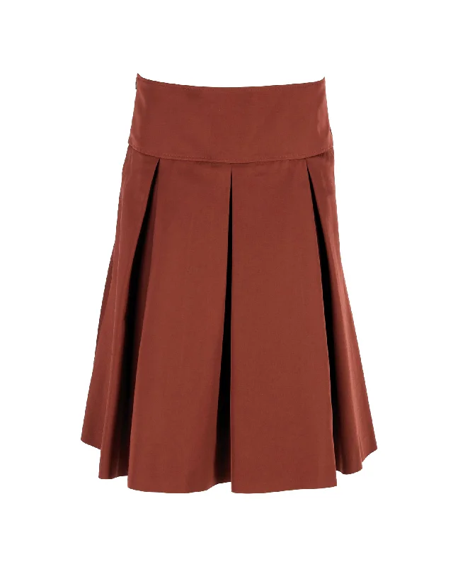 Hugo Boss Box Pleated Midi Skirt in Ochre Brown Polyester