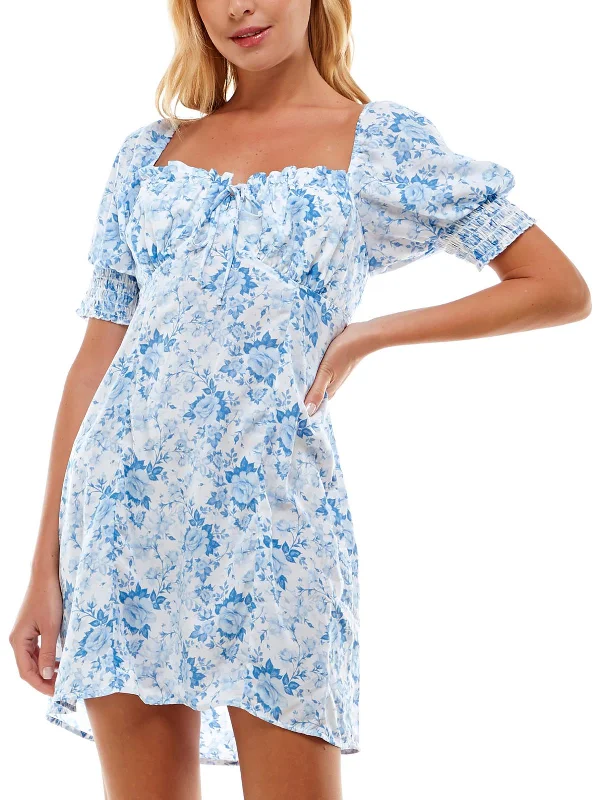 Juniors Womens Puff Sleeve Floral Mini Dress