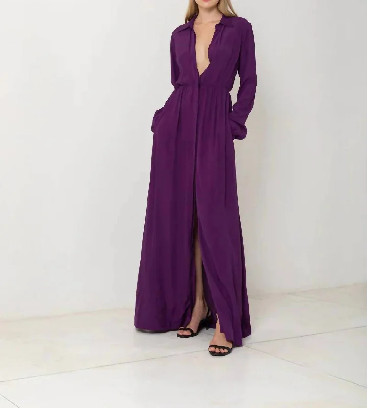 Long Sleeve Button Up Maxi Dress In Plum