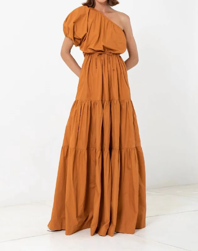 One Shoulder Puff Sleeve Maxi Dress In Tuscan Sun