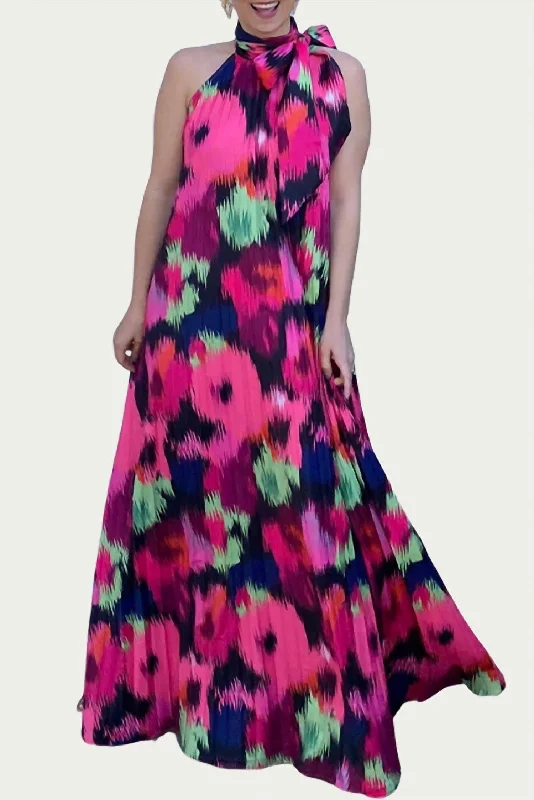 Poppy Pleated Satin Maxi Dress In Ikat Roses