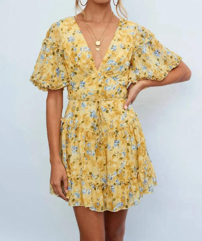 Short Sleeve Mini Dress In Yellow Floral