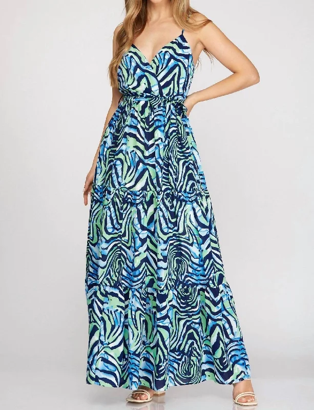 Surplice Cami Printed Woven Tiered Maxi Dress In Navy