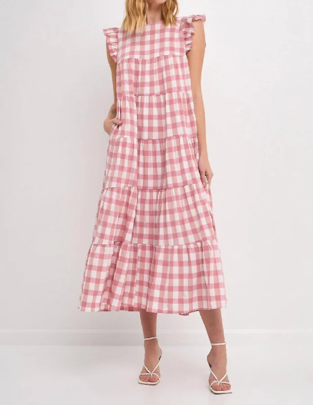 Sweet Gingham Tiered Maxi Dress In Pink