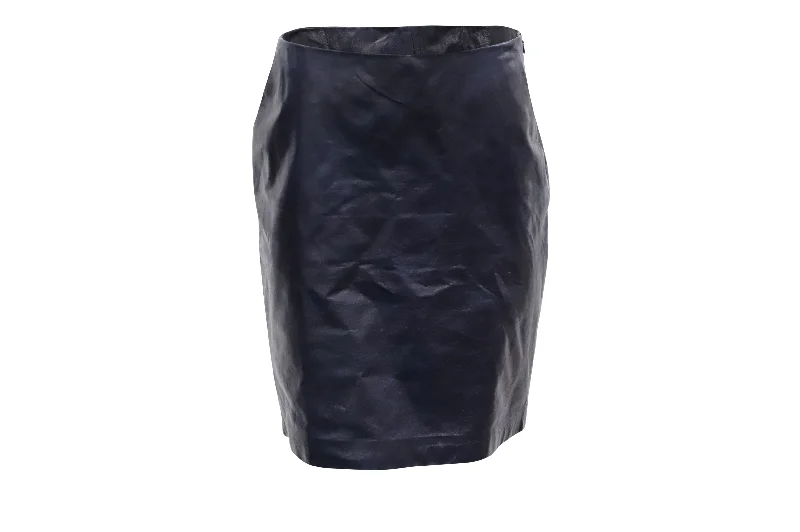 Theory Knee-Length Pencil Skirt in Navy Blue Leather