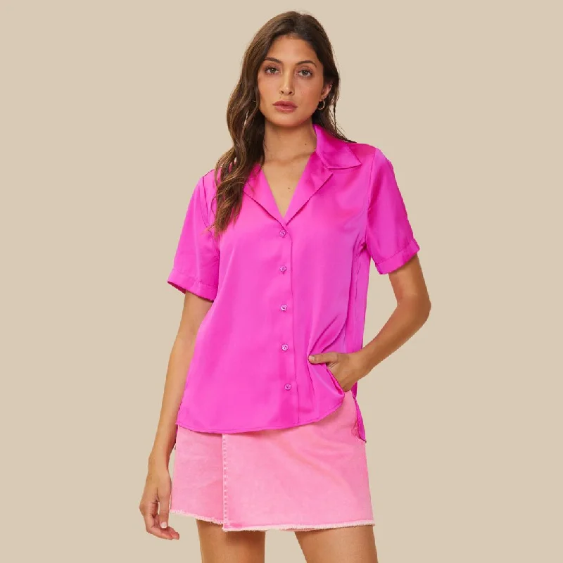 Recycled Satin Button Down S/S Shirt (Hot Pink)