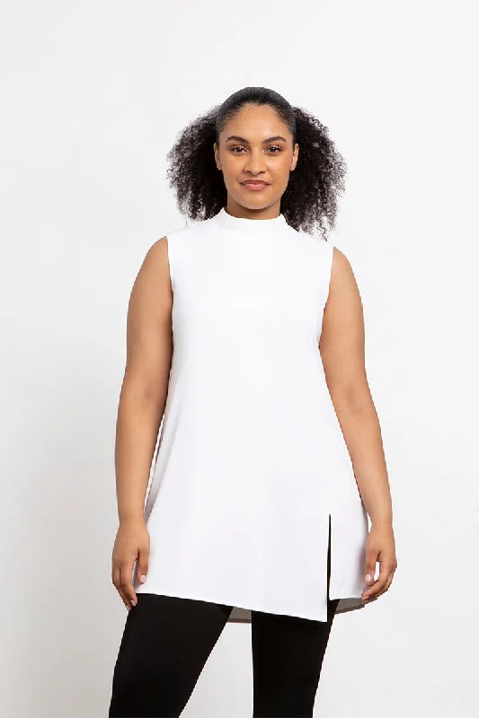 Sleeveless Mock Neck Slit Tunic | White