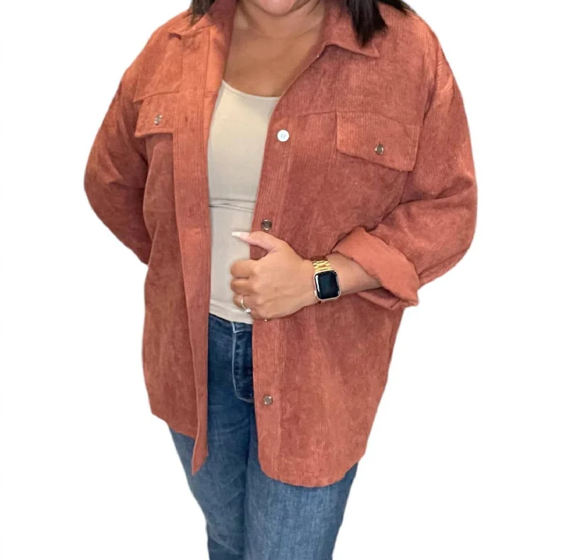 Corduroy Button Down Fall Shacket In Cinnamon