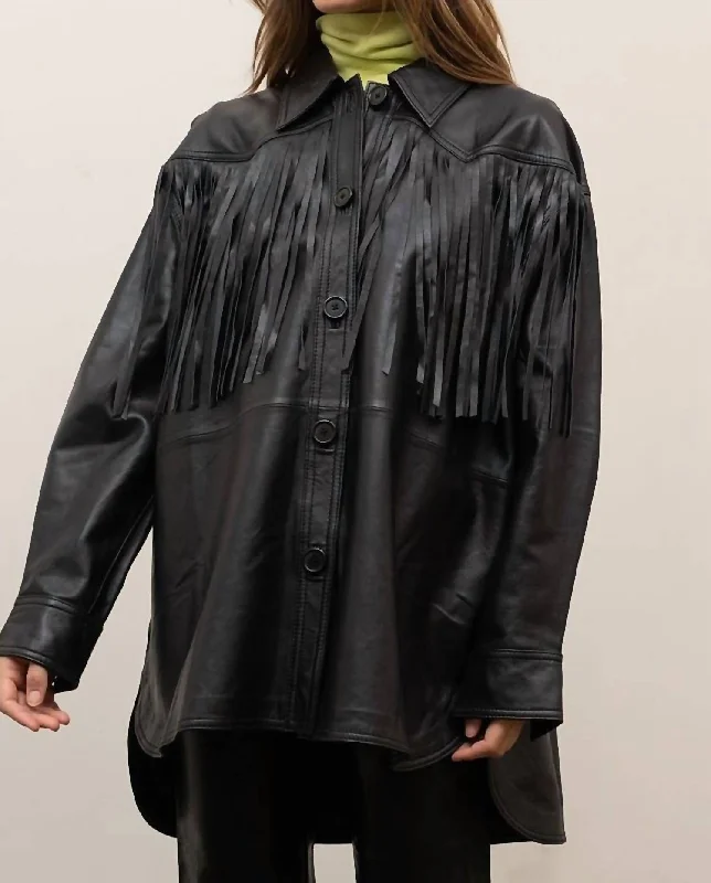 Faux Leather Fringe Jacket In Black