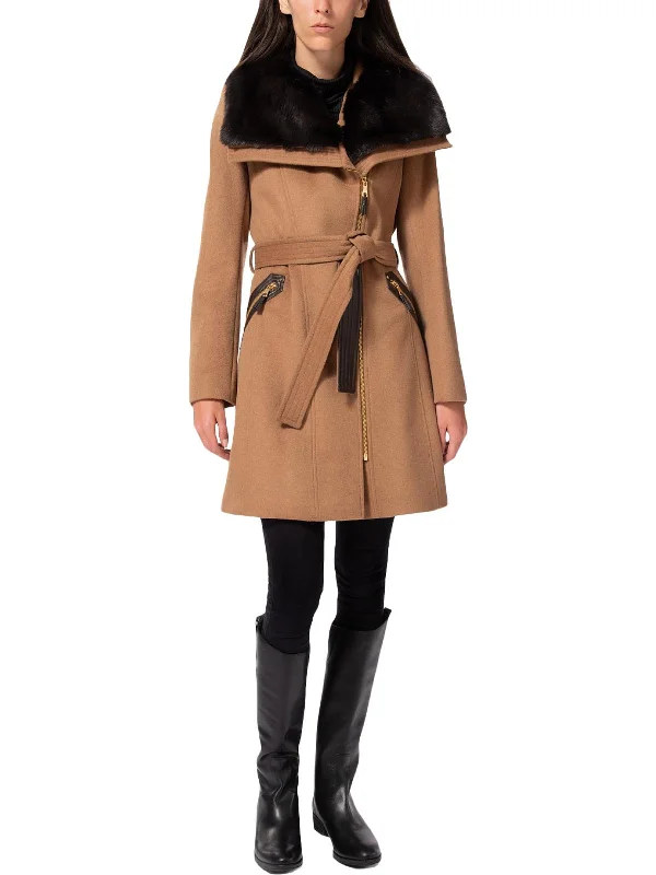 Kate Womens Wool Blend Faux Fur Trench Coat