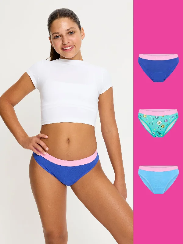 SmileyWorld® | Modibodi Teen Hipster Bikini Holiday Gifting 3 Pack Cyber Smile Blue Multi