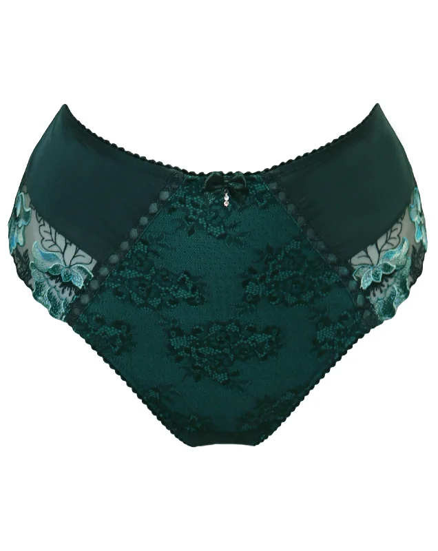 Sofia Lace Embroidered Deep Brief In Forest & Teal - Pour Moi