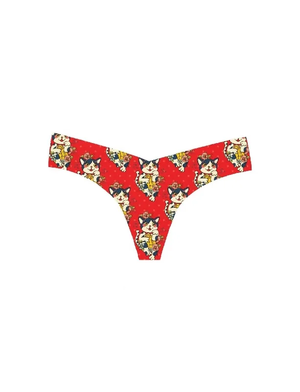 Women's Printed Low Rise Thong In Lucky Kitty